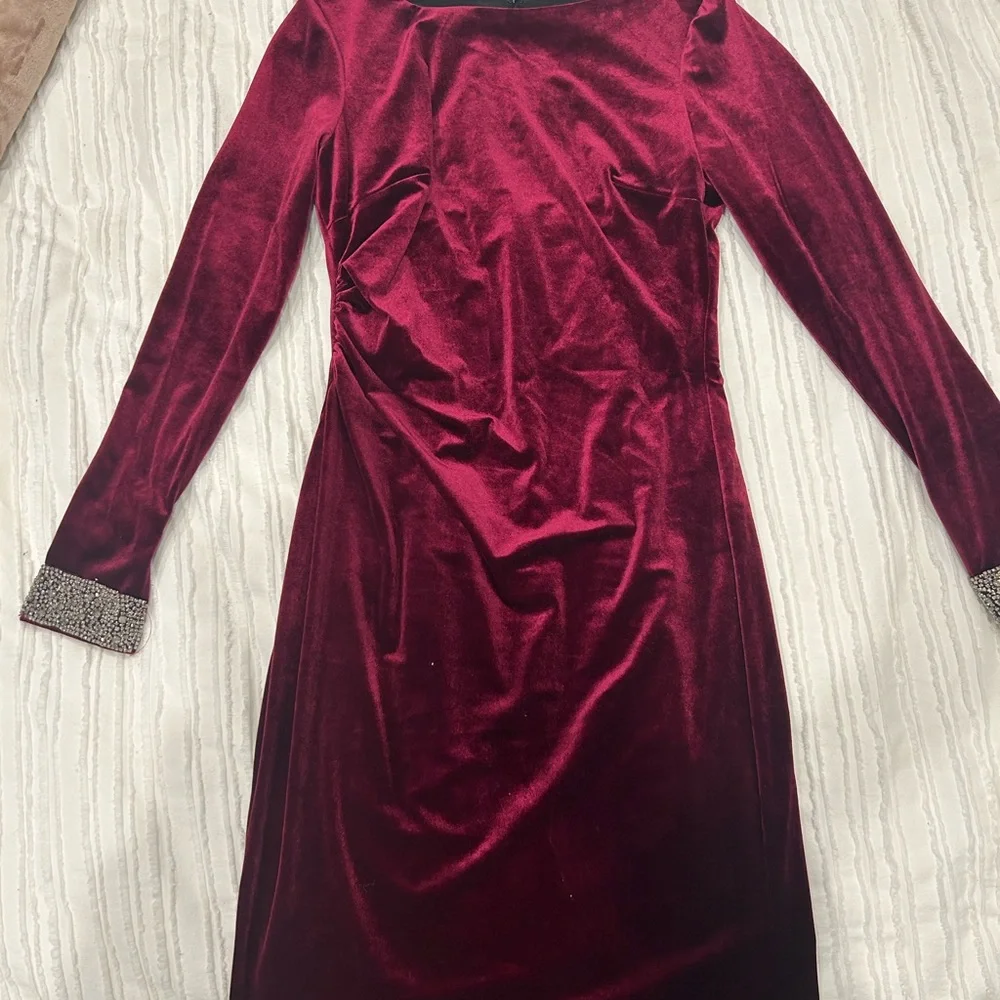 David Meister Velvet Burgundy Cocktail Dress with Crystal Cuffs - Picture 3 of 14